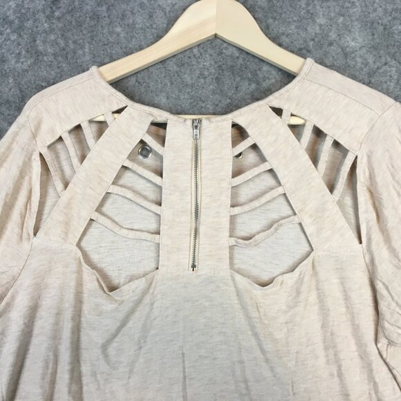 Belldini Top 2X Career Casual Knit Swing Hem 3/4 Sleeve Grommet Caged Back Tan - Picture 11 of 13